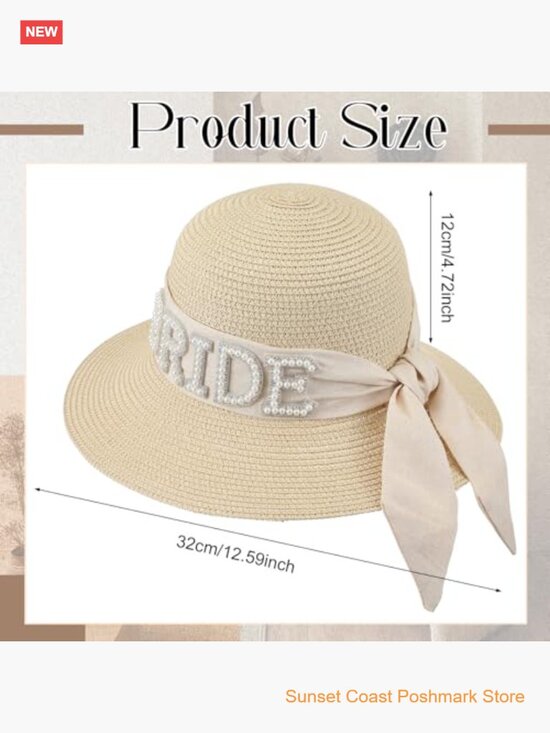 Bride Straw Floppy Sun Hat for Women Bridal Shower Bachelorette Gift Beige Wide main image 5